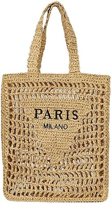 #ad Italian Crochet Khaki Handbag Straw Beach Bag Straw Mesh Tote Paris Milano New