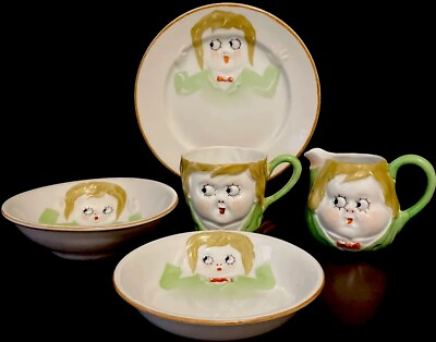 #ad Vintage ca .1910 Googly Eyes NIPPON China 5 Piece Set Plate Cup Creamer Bowls HP
