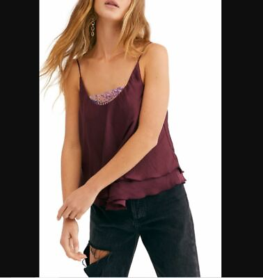 #ad Free People NEW Womens Medium Purple Turn It On Cami Camisole Sequins Satin