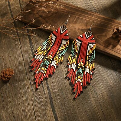 #ad Handmade Native American Style Beaded Tassel Fashion* Earrings Extra Long