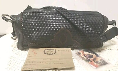 #ad Vintage BRIGHTON Barrel Bag. Black Braid Weave Leather With Brown Trim. New