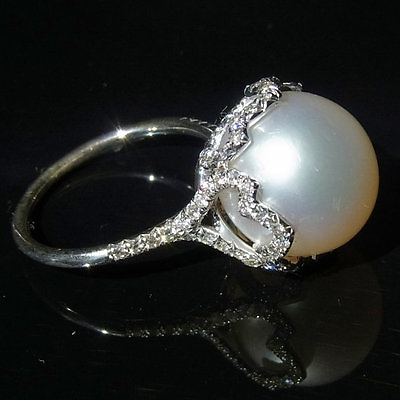 #ad Stunning Large South Sea Pearl Ring 13mm Figural 14K Gold Diamonds 1.26ct