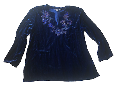 #ad Chicos Beaded Embroidered Velvet Blouse Size 3 XL 16 Rayon Silk Blue Stretch Top