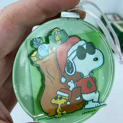 #ad Peanuts Hallmark Joe Cool Snoopy Woodstock 3D Acrylic 3” Disk Christmas Ornament