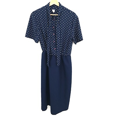 #ad VINTAGE polka dot shirt dress short sleeve collared button top belted blue 14