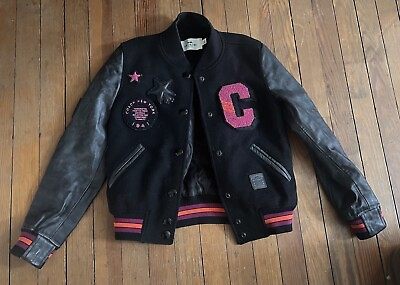 #ad COACH Black Pink Wool Leather Varsity Jacket with Patches Women#x27;s Size XXS