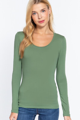 Women#x27;s Basic T Shirt Scoop Neck Cotton Long Sleeve Solid Knit Plain Top Fitted