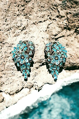 #ad Holly craft Blue Rhinestone Cluster Statement clips on Earrings