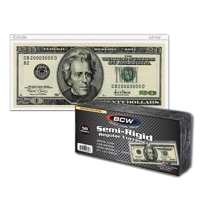 #ad 50 BCW Semi Rigid Currency Bill Toploader Sleeves Modern US Size Grading Storage