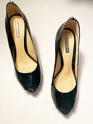 #ad Jorge Bischoff Leather Black Heel Pumps Shoes Sz 35 Gold Trim Peep Toe Stiletto