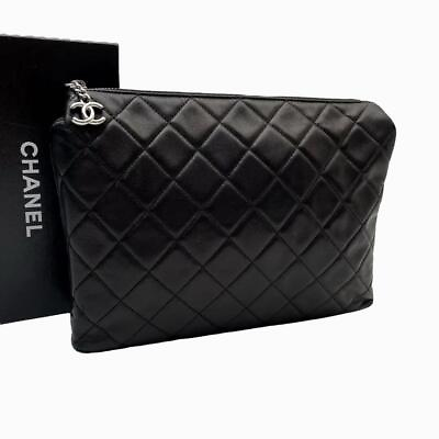 #ad Chanel Matelasse Coco Mark Clutch Bag Pouch Lambskin Black 12616216 #CB001