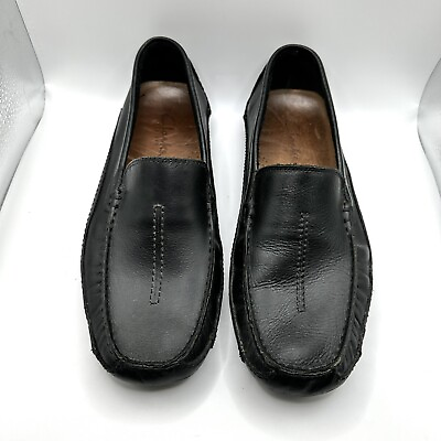 #ad Clarks Men Hommes Size 10.5 Black Leather Slip On Loafer Flats New Condition