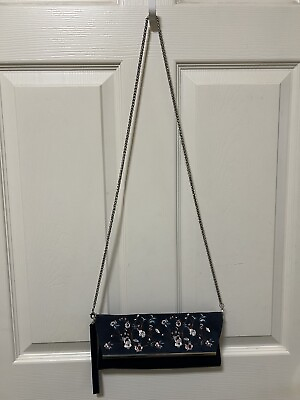 #ad White House Black Market Cross Body Navy Suede Patent Leather Embroidered Purse