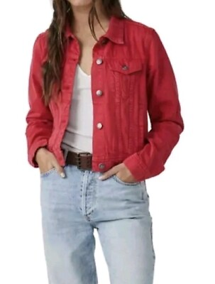 #ad Free People Women#x27;s Size Large Red Denim Jean Trucker Jacket