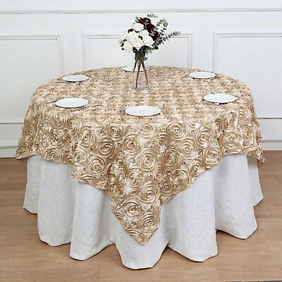 #ad 72x72quot; Beige SATIN Raised Roses TABLE OVERLAYS Unique Wedding Party Toppers