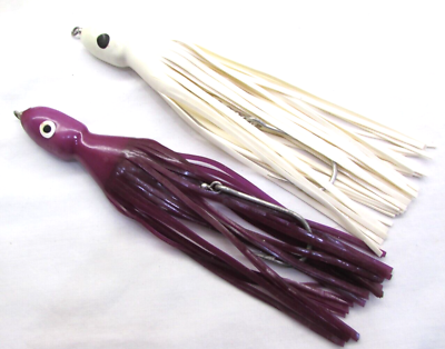 #ad 8quot; Squid Trolling Lure Rigged 3 1 2oz White Purple 7 0 Hook Big Game 2pc Z54