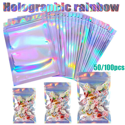 #ad 50 100pcs One Side Clear Holographic Laser Aluminum Foil Zip Lock Bags Thick US