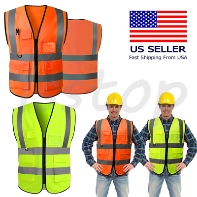 #ad US Safety Work Vest High Visibility Security Reflective Vest With 5 Pockets XL