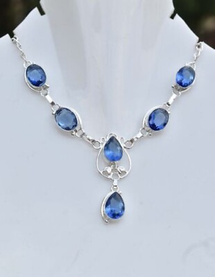 #ad Blue Sapphire Gemstone 925 Silver Necklace Handmade Jewelry Necklace