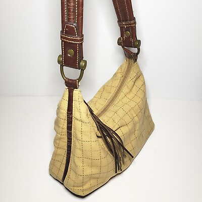 Tommy Hilfiger Gold Plaid Fabric Hobo Shoulder Bag Handbag Purse Leather Trim $18.70