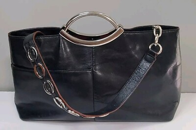#ad Large Vintage Hobo The Original Black Leather Handbag Crossbody Metal Handles
