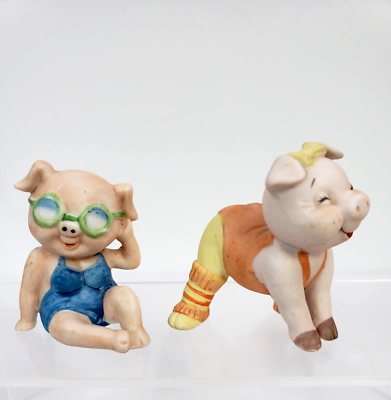 #ad Vintage George Good Porcelain Aerobic Exercising Pigs Set of 2 Taiwan
