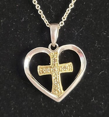 #ad Vintage Diamond Cross in a Heart Mixed Metal 925 Sterling Silver 10KGFL 18quot; Sign