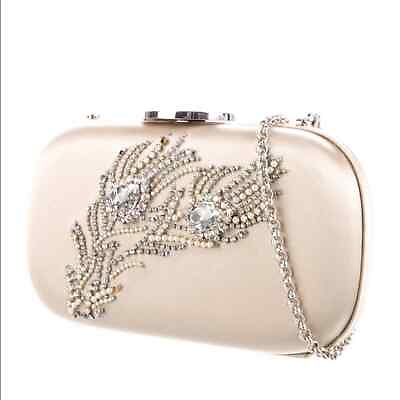 #ad Giambattista Valli Silk Satin Crystal Pearl Embellished Clutch Bag Champagne