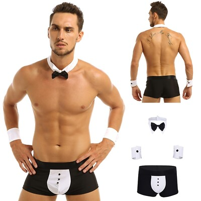 #ad Mens Waiter Tuxedo Lingerie Suit Boxer Briefs Underwear Bow Tie Collar Bracelets
