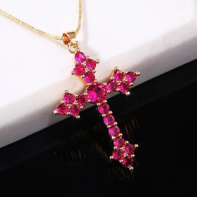 #ad Pink Cross Pendant Necklace Sparkling Zircon Adjustable Collarbone Chain