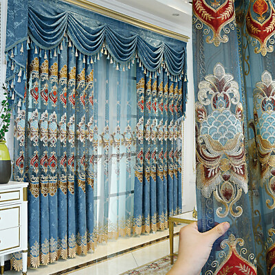 #ad Custom modern living room embroidered chenille blue cloth curtain valance C963