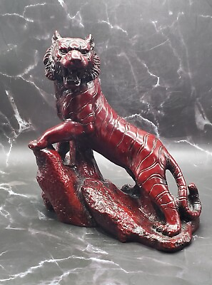 #ad Old Chinese Carved Red Rasin Roaring Mountain Tiger Sculpture