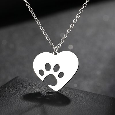 #ad Dog Paw Heart Stainless Steel Necklace Pendant Sliver Color