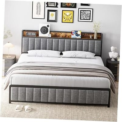 #ad 2024 New Bed Frame with Storage Headboard Upholstered Platform Bed Full Grey
