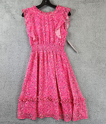 #ad Aqua Flutter Speckle Print MIDI Dress Girls#x27; XL 14 16 Pink Round Neck Smocked