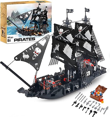 #ad 15quot; Black Pirate Ship Building Kit 5 Mini Pirates Figures 809 Pcs 8 Kids Gift