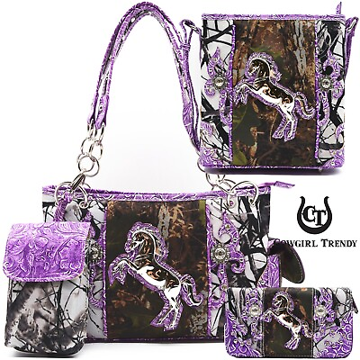 Camouflage Horse Western Purse Women Camo Shoulder Bag Crossbody Wallet Purple $29.95