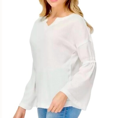 #ad Baea Top Womens Medium White Waffle Knit Thermal Flare Tiered Bell Sleeve Blouse