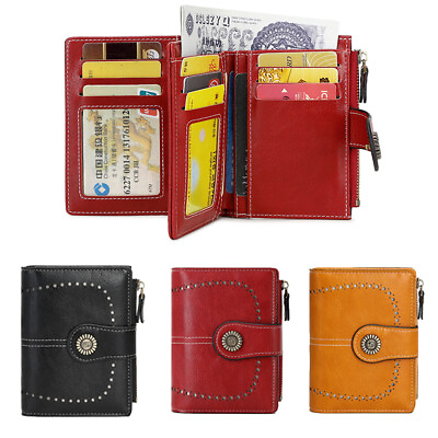 #ad Women Bifold RFID Blocking Genuine Leather Wallet Hasp Card Holder Mini Handbag