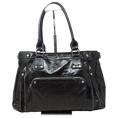#ad Longchamp Women Purse Vtg Black Patent Leather Tote Zip Pocket Shoulder Bag FLAW