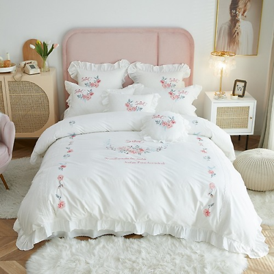 #ad Rose Embroidery White Princess Bedding Set Cotton 4pcs Lace Ruffle Duvet Cover
