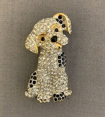 #ad Crystal Puppy Dog Brooch with Clear amp; Black Stones and Gold Tone