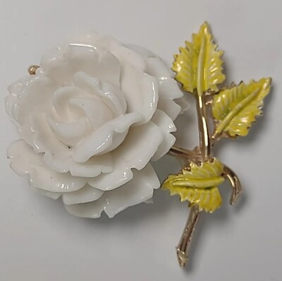 #ad Vintage Signed Pell White Rose w 3 Yellow Enamel Leaves Brooch Pin 2quot;