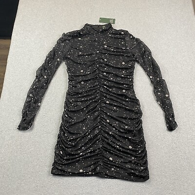 #ad NEW Wild Fable Midi Dress Womens Medium Mesh Ruched Black Star Night Sky NWT