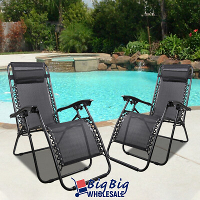2 Black Zero Gravity Chairs Folding Lounge Outdoor Recliner Patio Beach Mesh $82.79