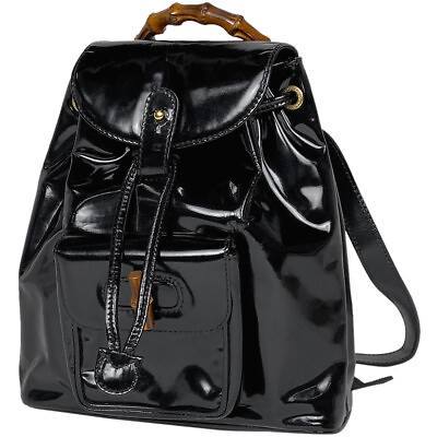 #ad 25 Gucci Bamboo Mini Rucksack Backpack Old 00319980030 Patent Leather Black