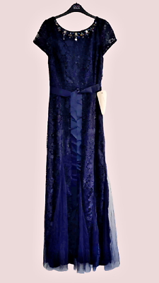 #ad Adrianna Papell Cap Sleeve lace Dress Navy UK 12 LN009 QQ 02