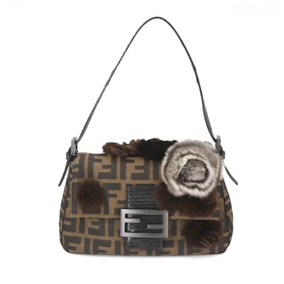 #ad FENDI Shoulder Hand Bag Mamma Baguette Zucca Fur Authentic 517