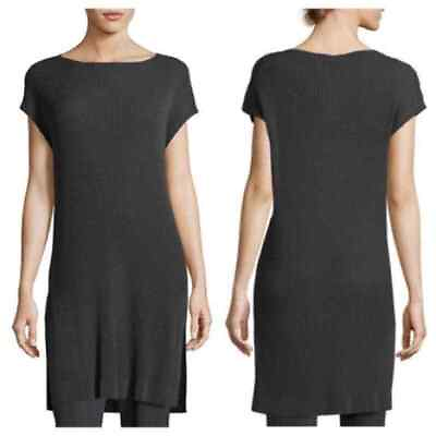 #ad Eileen Fisher Womens Dress Size L Graphite Tencel Ribbed Cap Sleeve Bateau