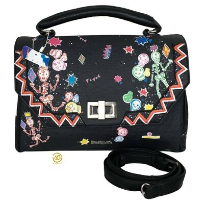 #ad Desigual Woman Hand Bag Size M Black Multicolor Caravels Details gi6